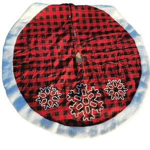 Red Black Checkerboard Snowflake 48" Christmas Tree Skirt Soft White Border
